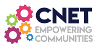 CNET logo, 5 multicoloured cogs and the words 'CNET empowering communities'.