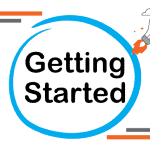 Charity for charities - A blue circle with the words "Getting Started" in the centre. To the top left and bottom right are three staggered lines of red, grey and green. To the top right is a lightbulk with flames coming from the bottom to imitate a rocket launch. There are two clouds and a few stars around it.