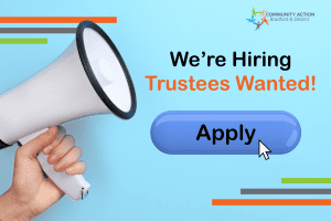 We're Hiring! image of a speakerphone and the words we're hiring coming from it. We are looking for a number of Trustees to join out team. click here to read more about the vacancies and apply.