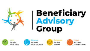 Beneficiary Advisory Group logo. Text says "Listen - we hear your voice, Influence - we shape better decisions, Collaborate - we work together, Impact - we create positive change"