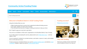 Home page of the Community Action Funding Finder website. The home page includes links to searching for funding, help information and who can use the site.