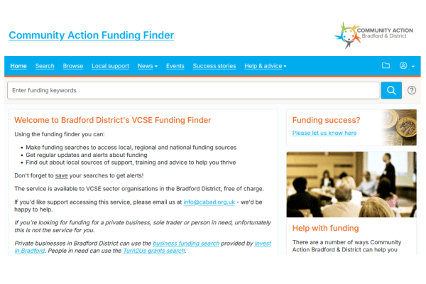 Home page of the Community Action Funding Finder website. The home page includes links to searching for funding, help information and who can use the site.
